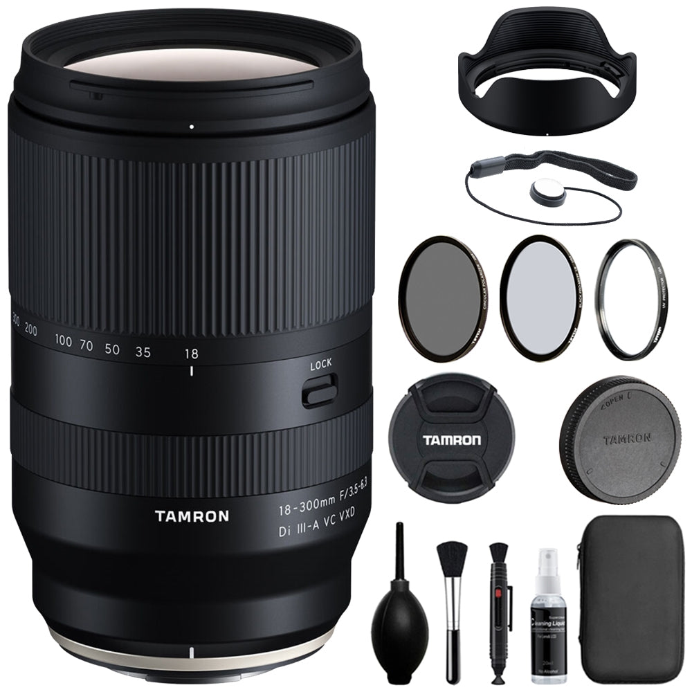 Tamron 18-300mm f/3.5-6.3 Di III-A VC VXD Lens Compatible with X Mount (APS-C) Bundle with Tiffen Filter Set + Lens Cap Keeper + Cleaning Kit + Cleaning Cloth (5 Items)