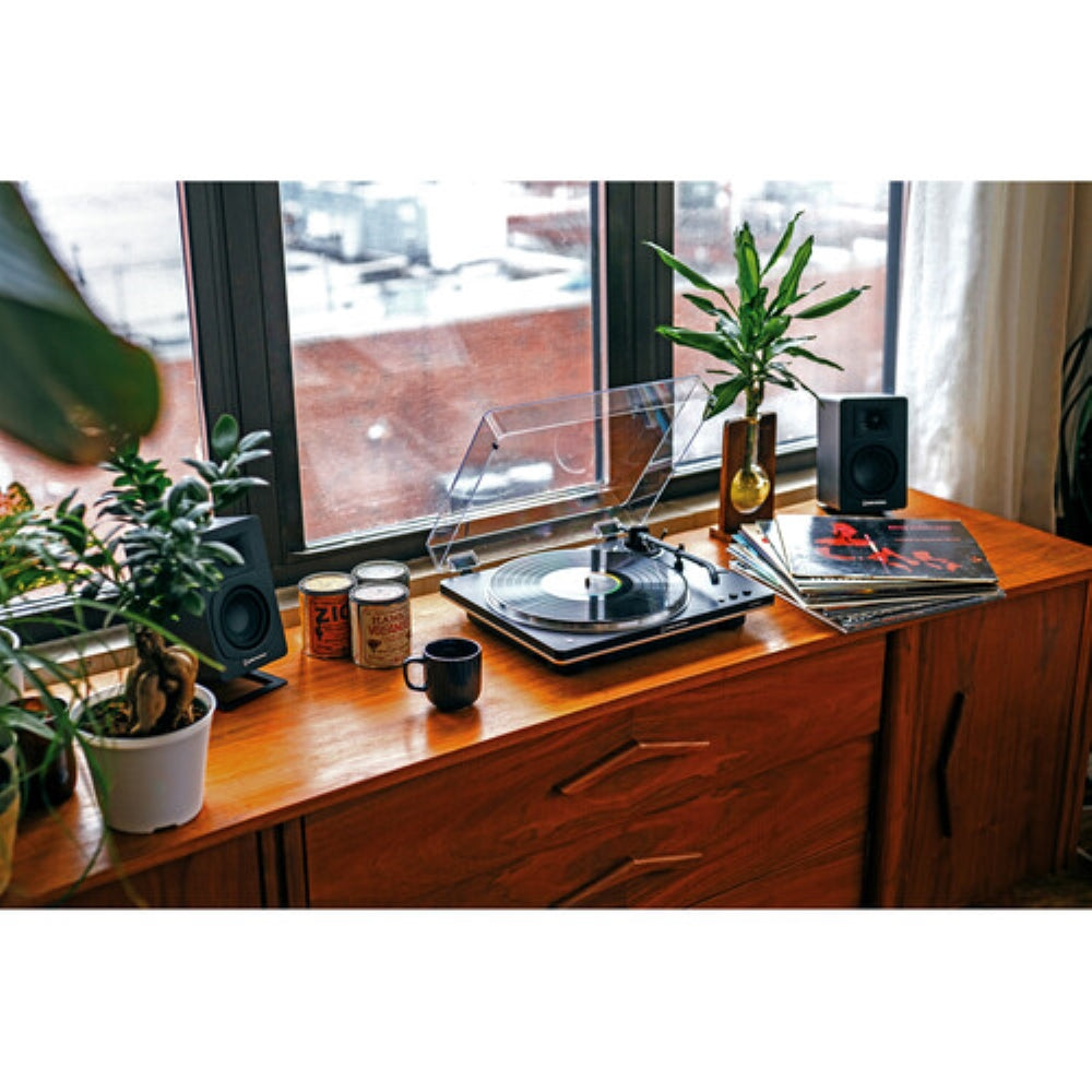 Audio-Technica AT-LP70XBT Automatic Belt-Drive Turntable with Bluetooth | Black and Silver Bundled with 3" Monitors with Bluetooth | Pair + Record Cleaning Tool & Record Cover Stand + Cloth (4 Items)