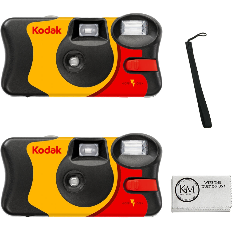 Kodak FunSaver 35mm Single Use Disposable Camera (ISO-800) with Flash | (27 Exposures) 2 Pack with Wrist Strap + Microfiber Cleaning Cloth (4 Items)