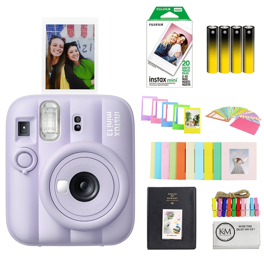 FUJIFILM INSTAX MINI 13 Instant Film Camera | Dreamy Purple Bundle with Instax Mini Film | 20 Exposures + 4 Pack AA Batteries + Mini Album, Borders, Stickers & Clips + Cleaning Cloth (5 Items)
