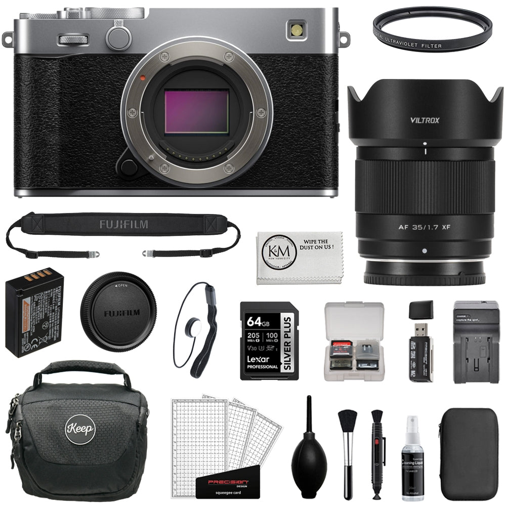 FUJIFILM X-E5 Mirrorless Camera (Silver) Bundle with Viltrox AF 35mm f/1.7 XF Lens + UV Filter + 64GB Memory Card + Memory Card Case + Battery Charger + Camera Bag + Cleaning Kit (12 Items)