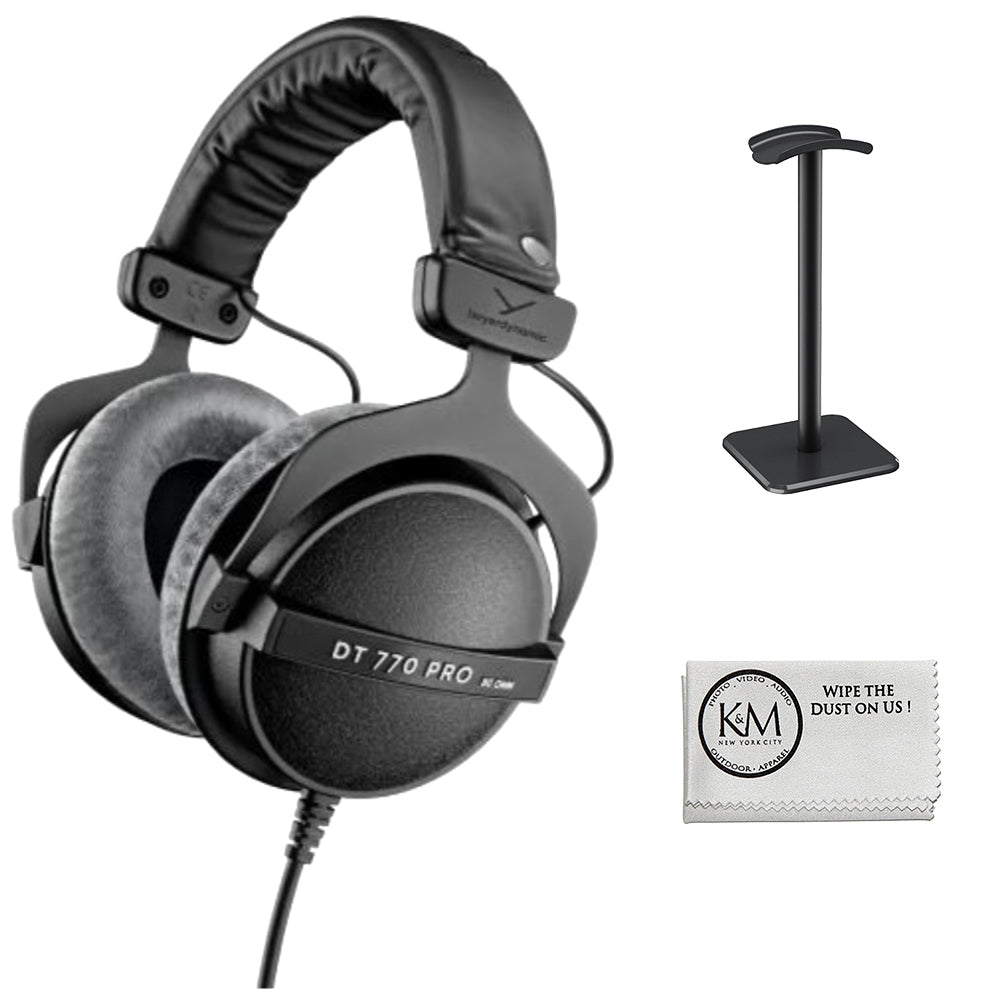 BeyerDynamic DT 770 Pro 80 ohm Limited Edition Professional Studio Headphones | Black Bundle With Headphones Stand + Microfiber Cleaning Cloth (3 items)