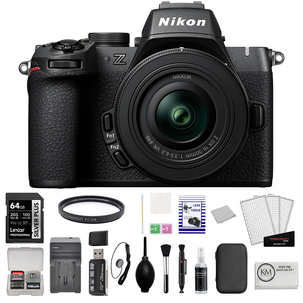 Nikon Z50 II Mirrorless Camera with 16-50mm Lens Bundle with 64GB Memory Card + Battery Charger + UV Filter + Deluxe Photo Starter Kit + Cleaning Cloth (6 Item)