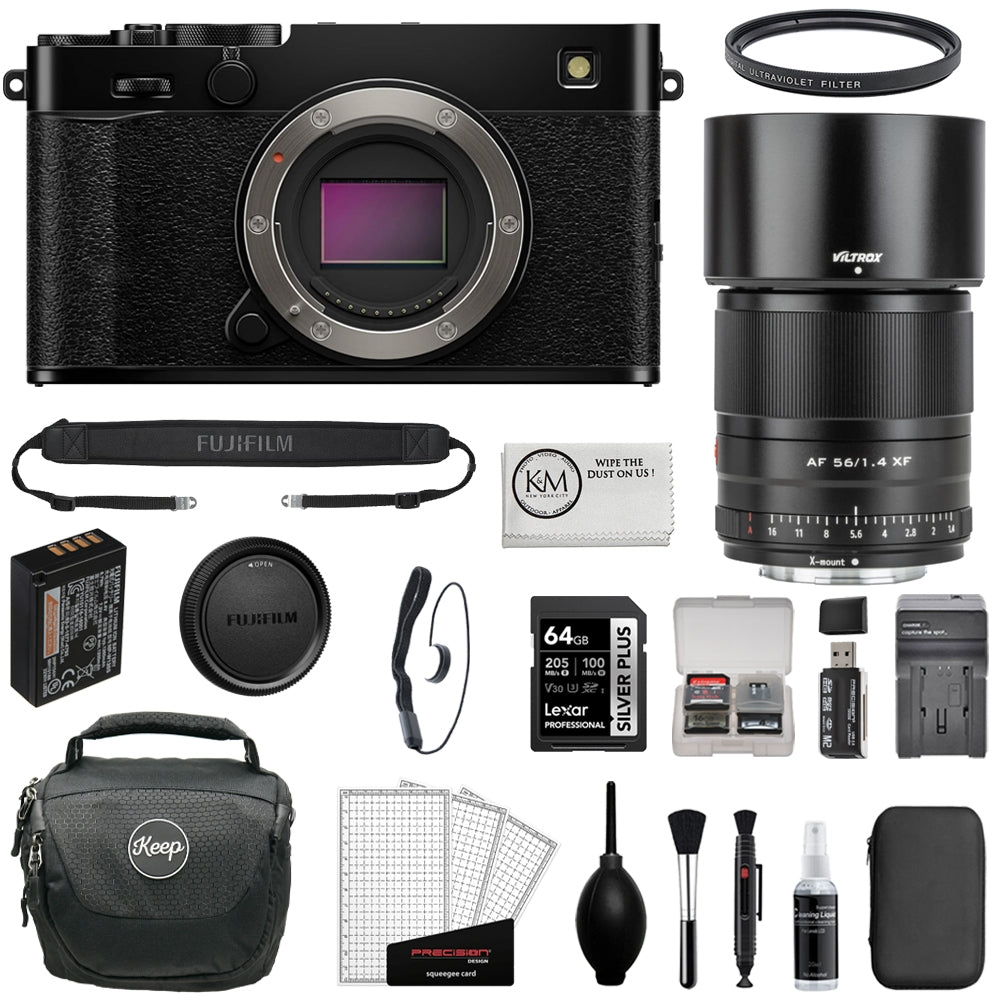 FUJIFILM X-E5 Mirrorless Camera (Black) Bundle with Viltrox AF 56mm f/1.4 XF Lens + UV Filter + 64GB Memory Card + Memory Card Case + Battery Charger + Camera Bag + Cleaning Kit (12 Items)