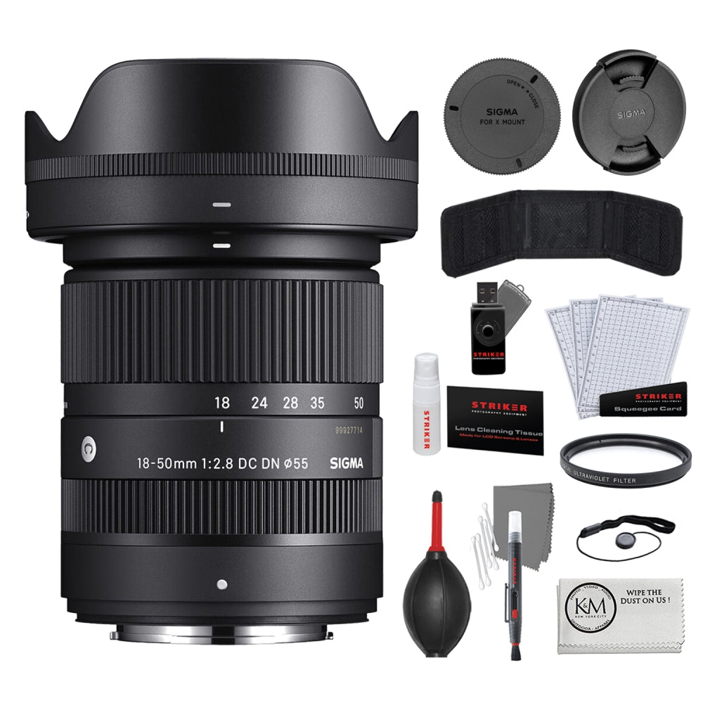 Sigma 18-50mm f/2.8 DC DN Contemporary Lens | FUJIFILM X Bundle with UV Filter + Photo Starter Kit (11 Pieces) + Microfiber Cleaning Cloth (4 Items)