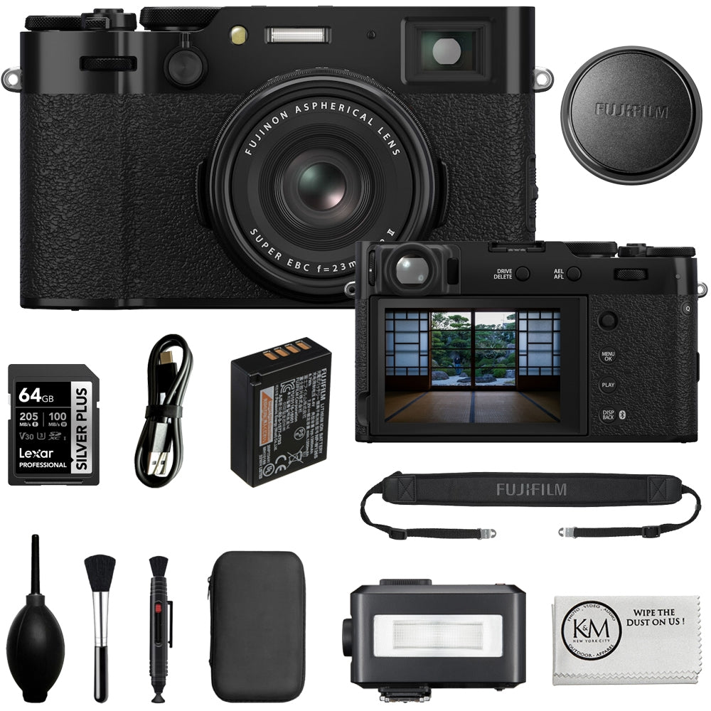 FUJIFILM X100VI Digital Camera | Black Bundled with 64GB Memory Card + iT30Pro F TTL Mini Flash + Cleaning Kit - Blower, Lens Pen, Brush & Case + Cloth (5 Items)