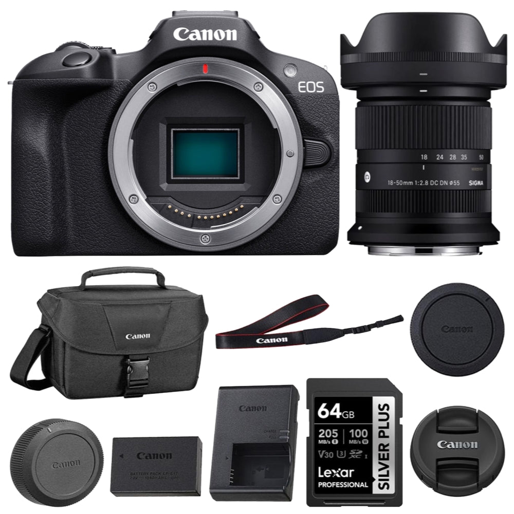 Canon EOS R100 Mirrorless Camera (Body) with Sigma 18-50mm f/2.8 DC DN Contemporary Lens + 64GB Memory Card + Shoulder Bag (4 Items)