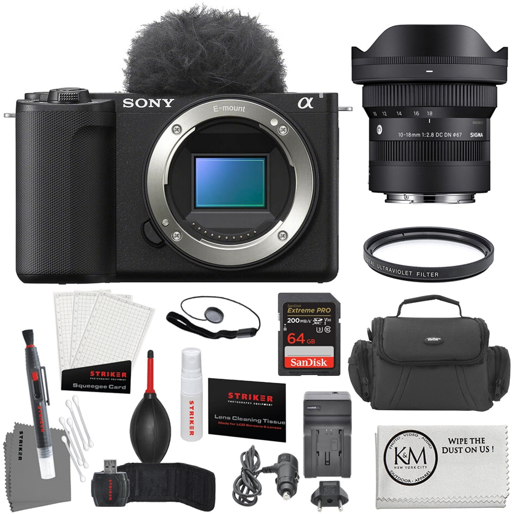 Sony ZV-E10 II Mirrorless Camera | Black Bundle with Sigma 10-18mm f/2.8 DC DN Contemporary Lens + 64GB Card + Photo Starter Kit + Battery Charger + Camera Bag + UV Filter + Cleaning Cloth (8 Items)