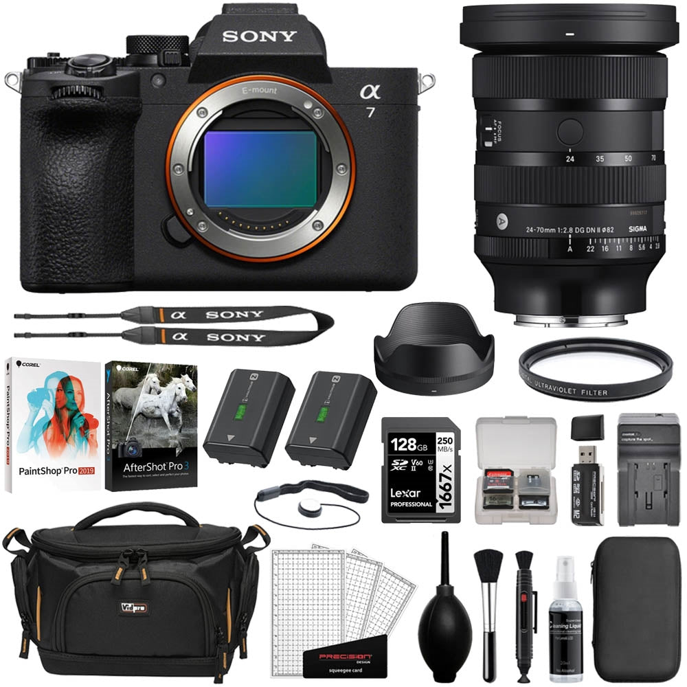 Sony a7 V Mirrorless Camera Bundle with Sigma 24-70mm f/2.8 DG DN II Art Lens + Photo Software + 128GB Card + Extra Sony Battery + Card Reader + Cleaning Kit + Camera Bag + Cleaning Cloth (14 Items)
