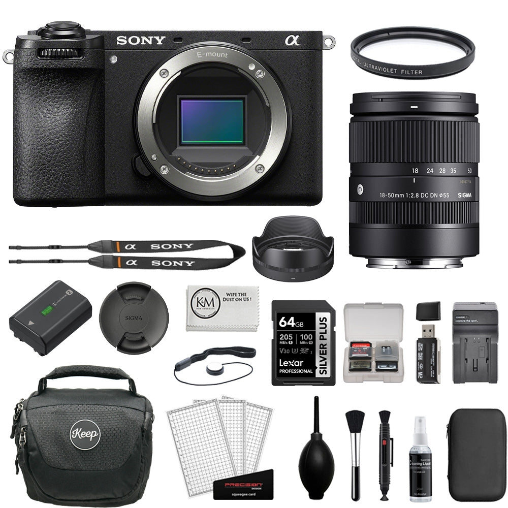 Sony a6700 Mirrorless Camera Bundle with Sigma 18-50mm f/2.8 DC DN Contemporary Lens + 64GB SD Memory Card, Tiffen 55mm UV Filter + Deluxe Cleaning Kit + KC-25 Shoulder Bag + Microfiber Cloth