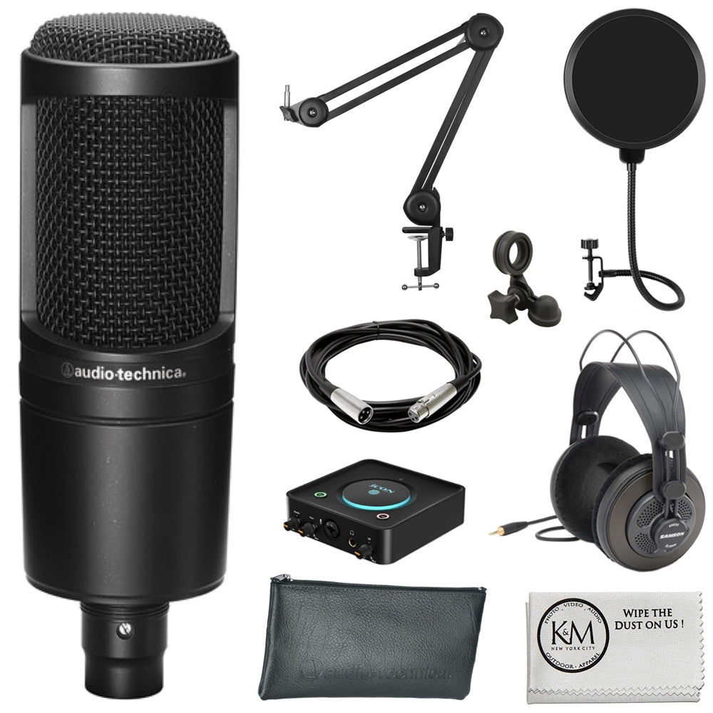 Audio-Technica AT2020 Cardioid Condenser Microphone Bundle with Studio Headphones + XLR Cable + Pop Filter + Icon Pro Audio USolo Recording Interface + Mic Arm + Cleaning Cloth (7 Items)