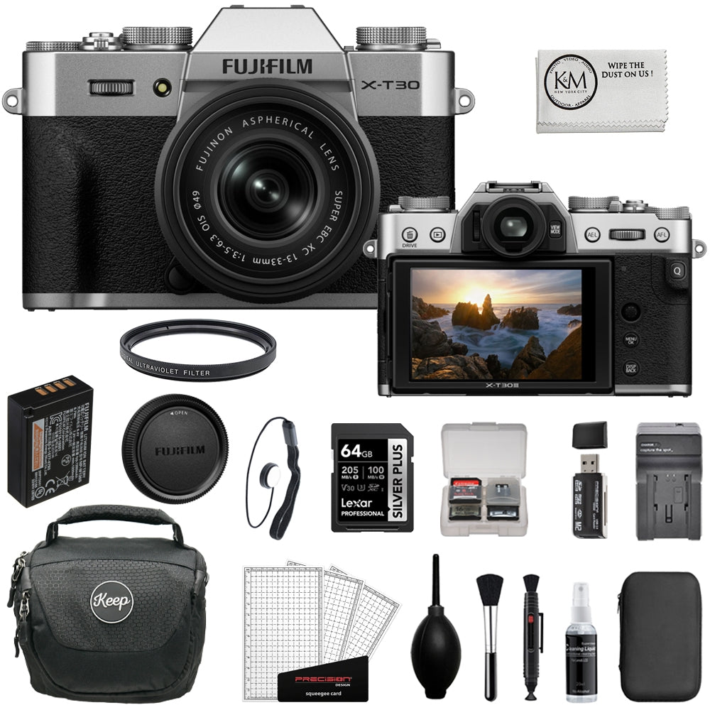 FUJIFILM X-T30 III Mirrorless Camera with XC 13-33mm Lens (Silver) Bundle with 64GB Memory Card + UV Filter + Battery Charger + Card Reader + Cap Keeper + Camera Bag + Cleaning Kit (11 Items)