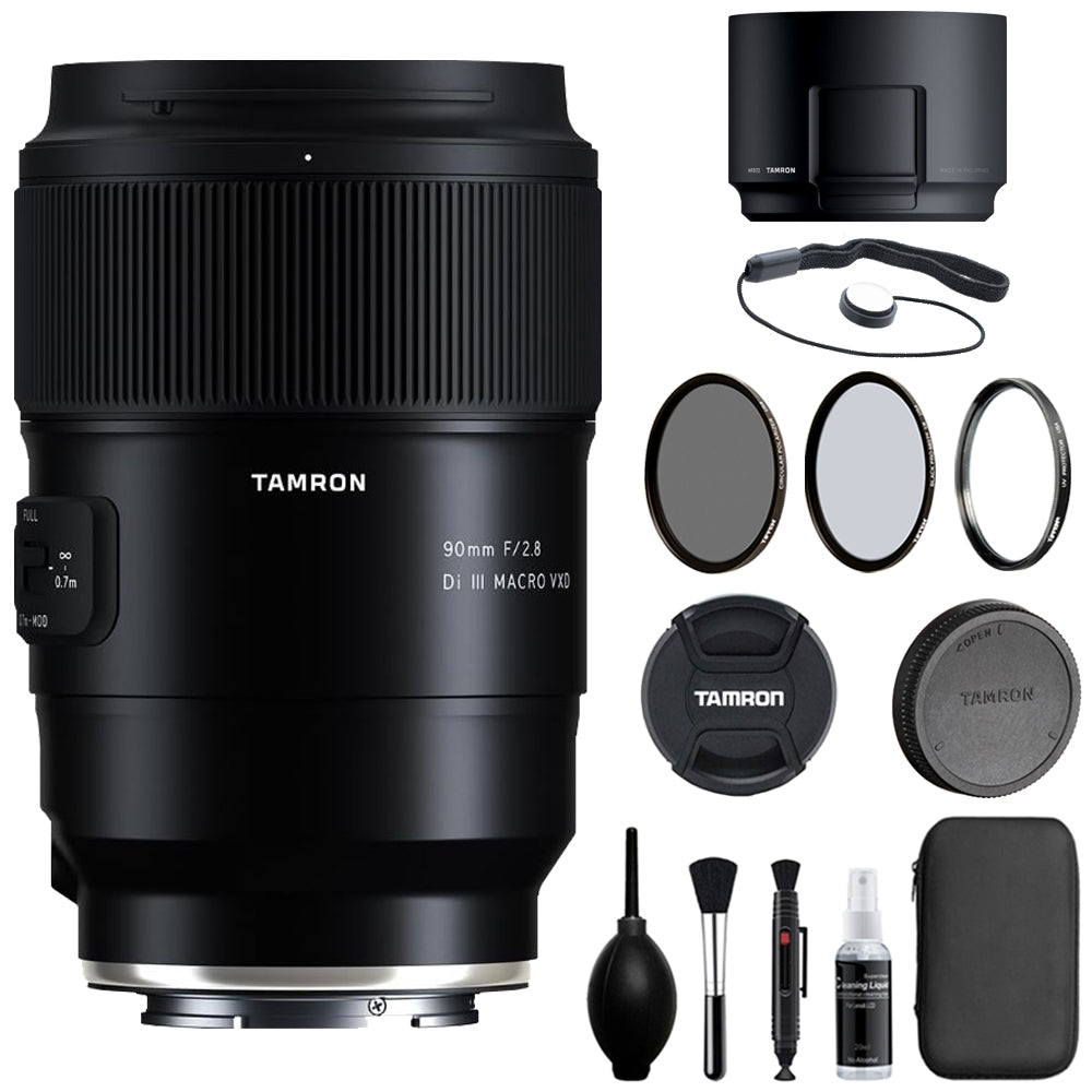 Tamron 90mm f/2.8 Di III VXD Macro Lens Compatible with E Mount (Full Frame) Bundle with Tiffen Filter Set + Lens Cap Keeper + Cleaning Kit + Cleaning Cloth (5 Items)