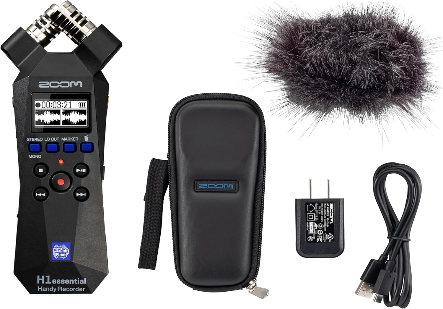 Zoom H1essential 2-Track 32-Bit Float Portable Audio Recorder Bundle with APH-1e with Hairy Windscreen, Padded Shell Case, AC Adapter, & USB C-Cable  **OPEN BOX**