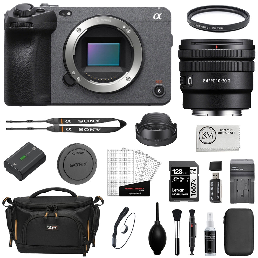 Sony FX30 Digital Cinema Camera Bundle with Sony E 10-20mm f/4 PZ G Lens + 128GB Memory Card + Battery Charger + Camera Bag + Cleaning Kit + Cleaning Cloth (11 Items)