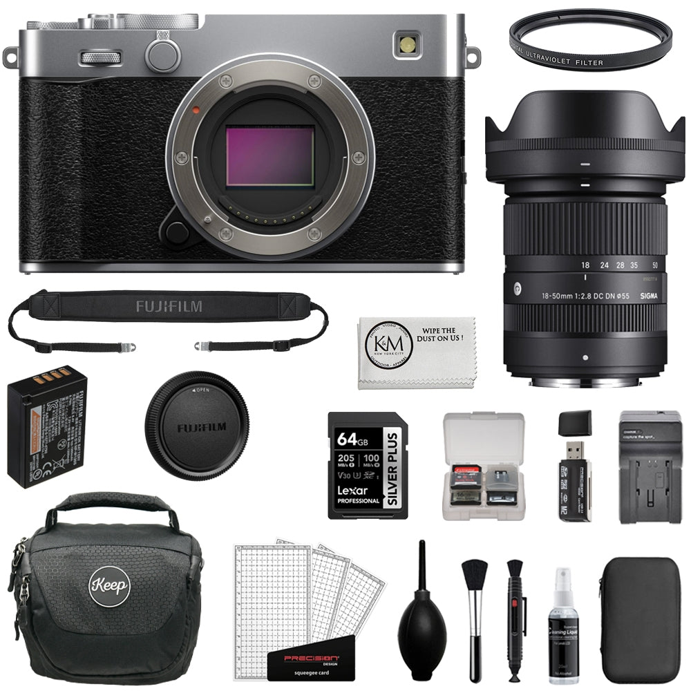 FUJIFILM X-E5 Mirrorless Camera (Silver) Bundle with Sigma 18-50mm f/2.8 DC DN Contemporary Lens + 64GB Memory Card + Camera Bag + UV Filter + Memory Card Reader + Cleaning Kit (11 Items)