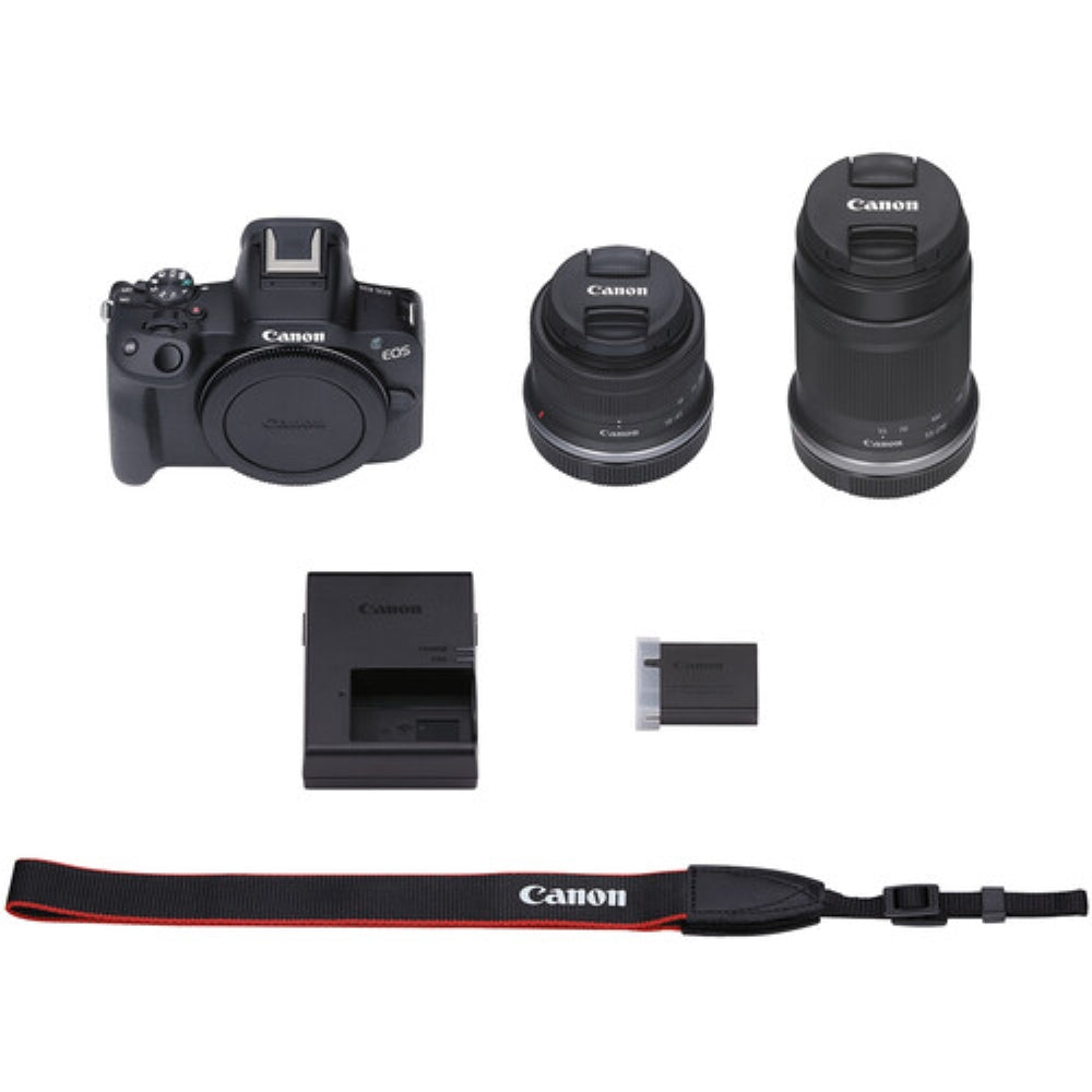 Canon EOS R50 Mirrorless Camera |18-45mm and 55-210mm Lenses | Black Bundled With 64GB Memory Card + 2 x UV Filters + Canon 200ES Camera Bag + Microfiber Cloth (6 Items)