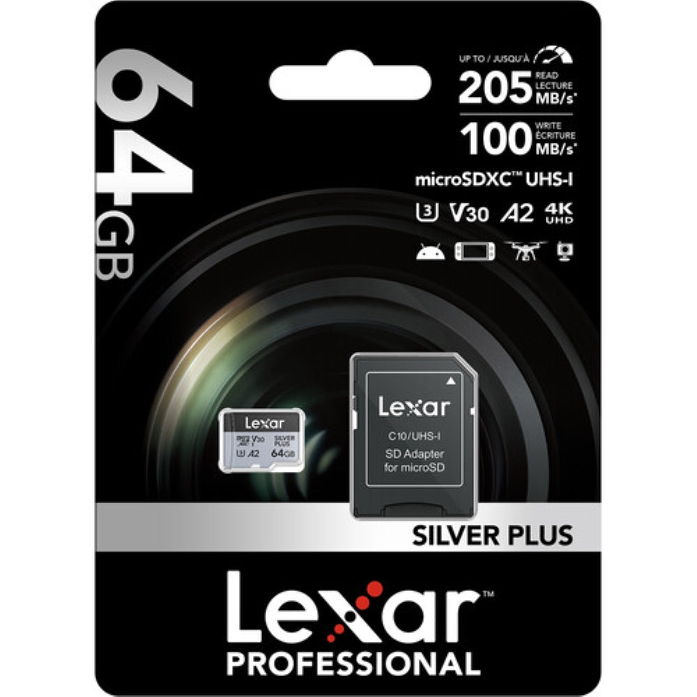 Lexar 64GB Professional SILVER PLUS UHS-I microSDXC Memory Card with SD Adapter