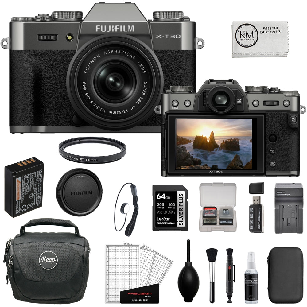 FUJIFILM X-T30 III Mirrorless Camera with XC 13-33mm Lens (Charcoal Silver) Bundle with 64GB Memory Card + UV Filter + Battery Charger + Card Reader + Cap Keeper + Camera Bag + Cleaning Kit (11 Items)