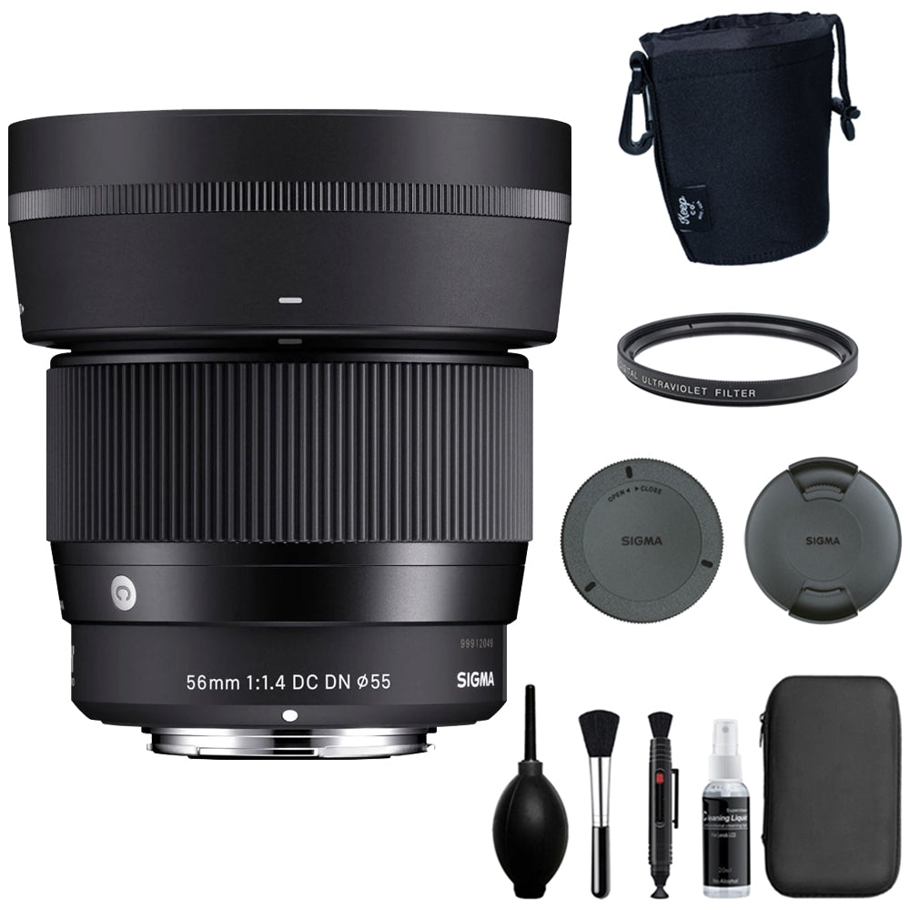 Sigma 56mm f/1.4 Contemporary DC DN Lens for Canon RF Mount Bundle with UV Filter + Lens Pouch + Photo Starter Kit + Cleaning Cloth (5 Item)