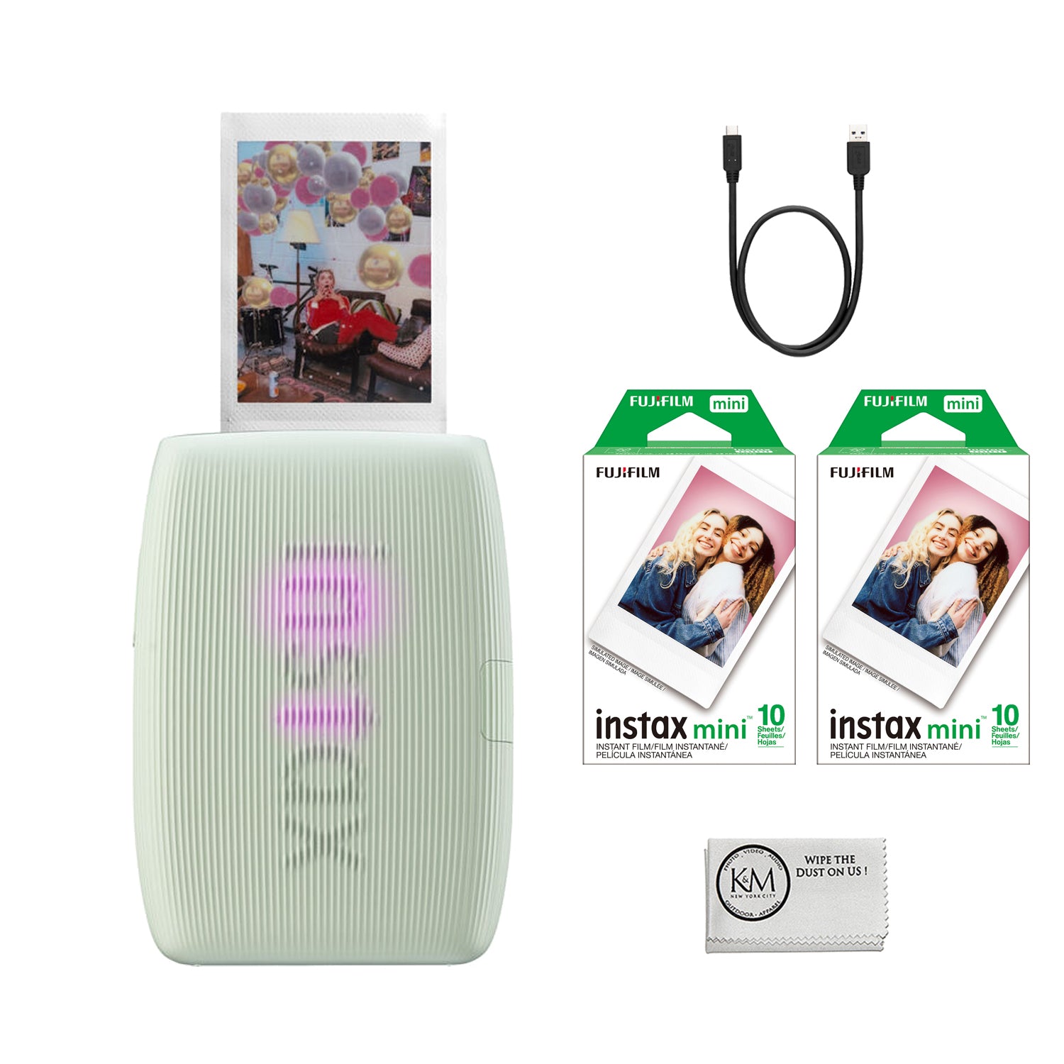 FUJIFILM INSTAX MINI LINK 3 Smartphone Printer | Sage Green Bundled With FUJIFILM INSTAX Mini Instant Film | 20 Exposures + Microfiber Cleaning Cloth (3 Items)