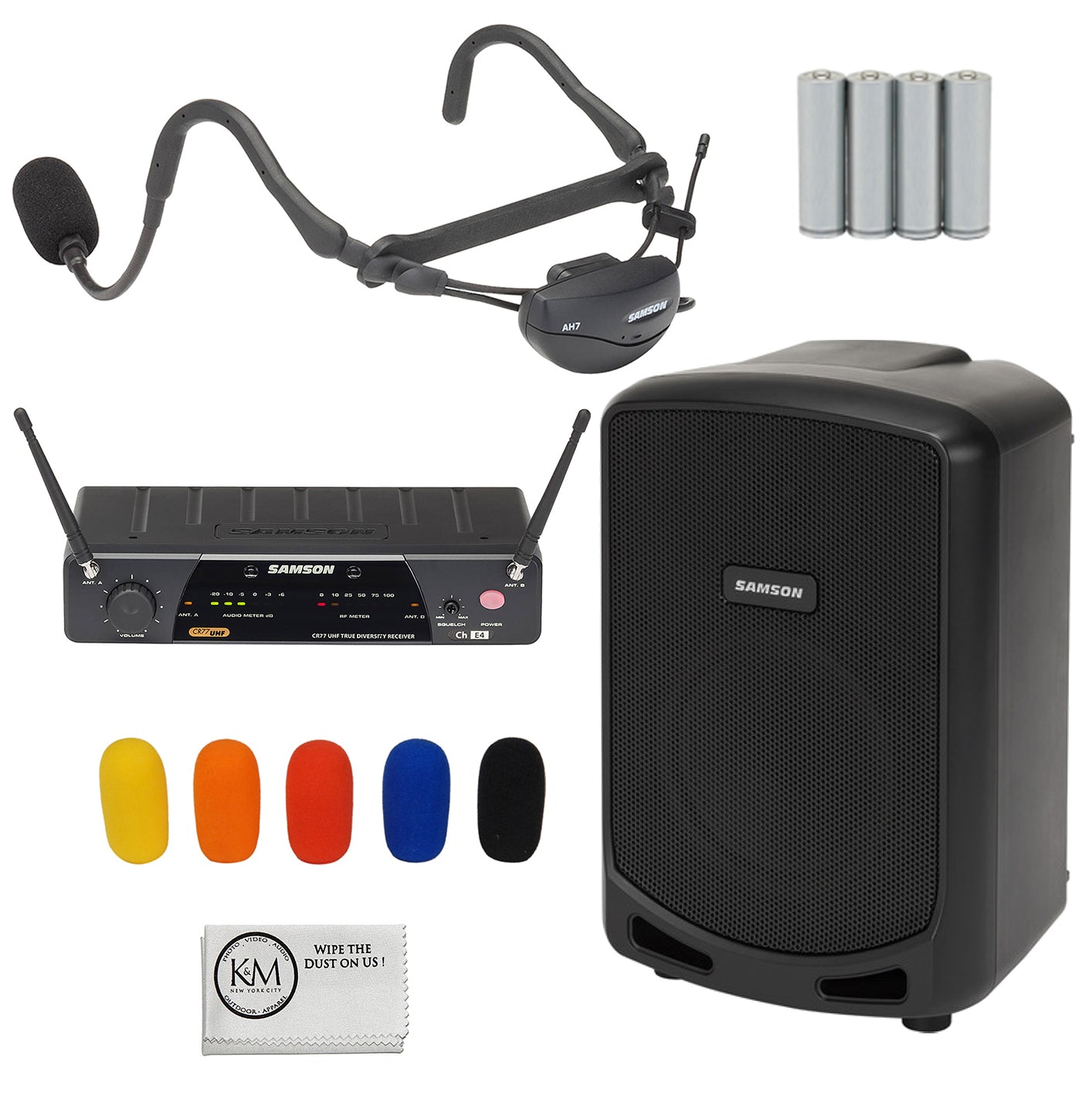 Samson AirLine 77 AH7 Wireless Fitness Headset Microphone System | K1: 489.050 MHz with Samson Expedition Escape+ 6 Portable PA System + Colorful Mic Windscreens + 4 x AAA Batteries + Cloth (5 Items)