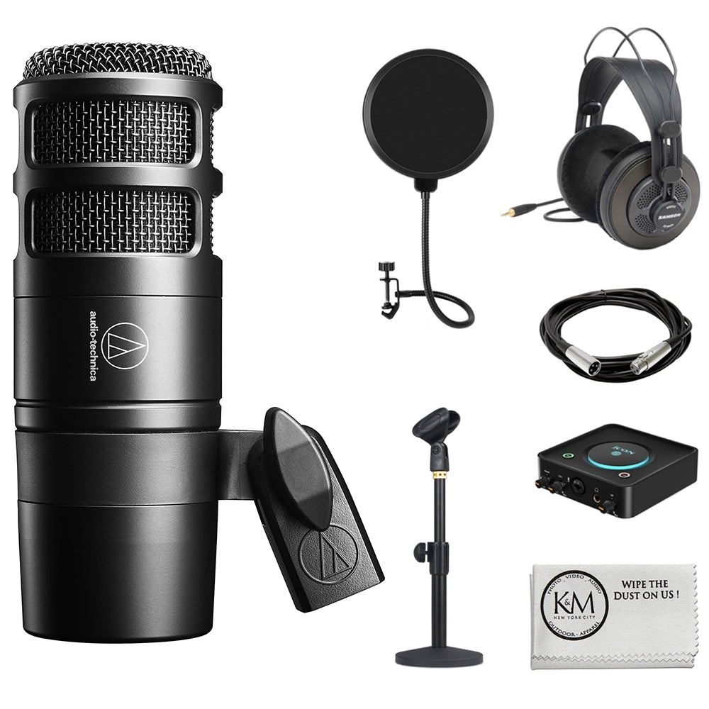 Audio-Technica AT2040 Hypercardioid Dynamic Podcast Microphone Bundle with Studio Headphones + XLR Cable + Pop Filter + Icon Pro Audio USolo Recording Interface + Mic Stand + Cleaning Cloth (7 Items)