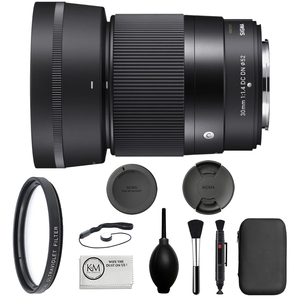 Sigma 30mm f/1.4 DC DN Contemporary Lens for FUJIFILM X Mount (APS-C) Bundle with 52mm UV Filter + Cap Keeper + Deluxe Cleaning Kit - Blower, Lens Pen, Brush & Case + Cleaning Cloth