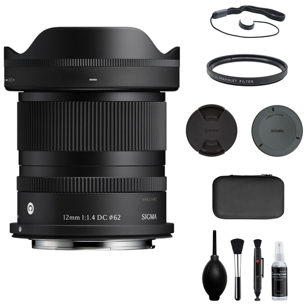 Sigma 12mm f/1.4 DC Contemporary Lens Compatible with Canon RF Mount (APS-C) Bundle with UV Filter + Lens Cap Keeper + Cleaning Kit + Cleaning Cloth (5 Items)