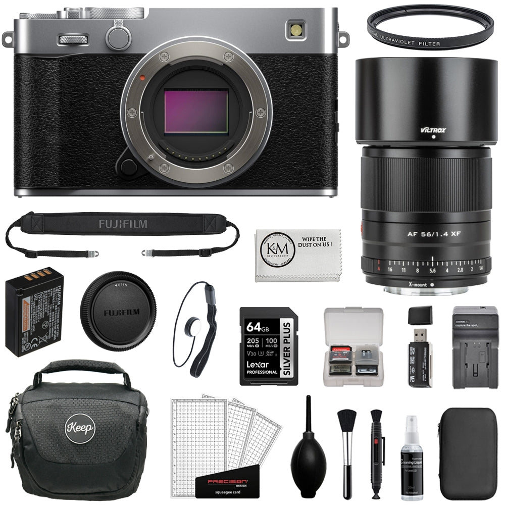 FUJIFILM X-E5 Mirrorless Camera (Silver) Bundle with Viltrox AF 56mm f/1.4 XF Lens + UV Filter + 64GB Memory Card + Memory Card Case + Battery Charger + Camera Bag + Cleaning Kit (12 Items)