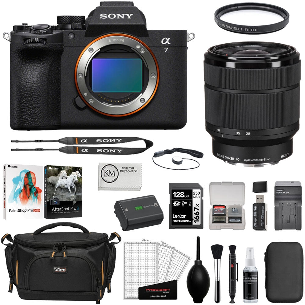 Sony a7 V Mirrorless Camera with 28-70mm II Lens Bundle with Corel Photo Bundle + 64GB Card + Card Reader + Extra Battery + Cleaning Kit + Camera Bag + Cleaning Cloth (13 Items)