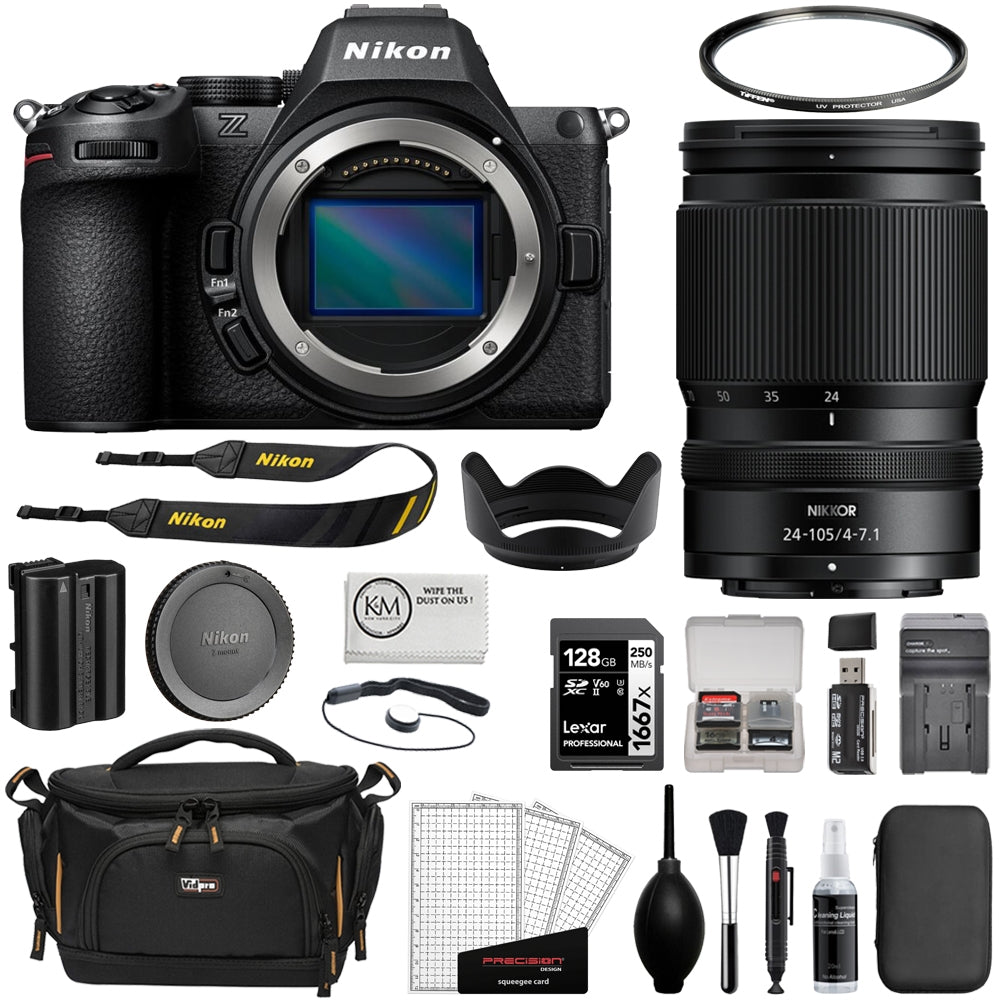 Nikon Z5 II Mirrorless Camera with 24-105mm f/4-7.1 Lens Bundle with 128GB UHS-II SDXC Card + UV Filter + Card Reader + Screen Protector + Cleaning Kit + Camera Bag  + Cloth (10 Items)