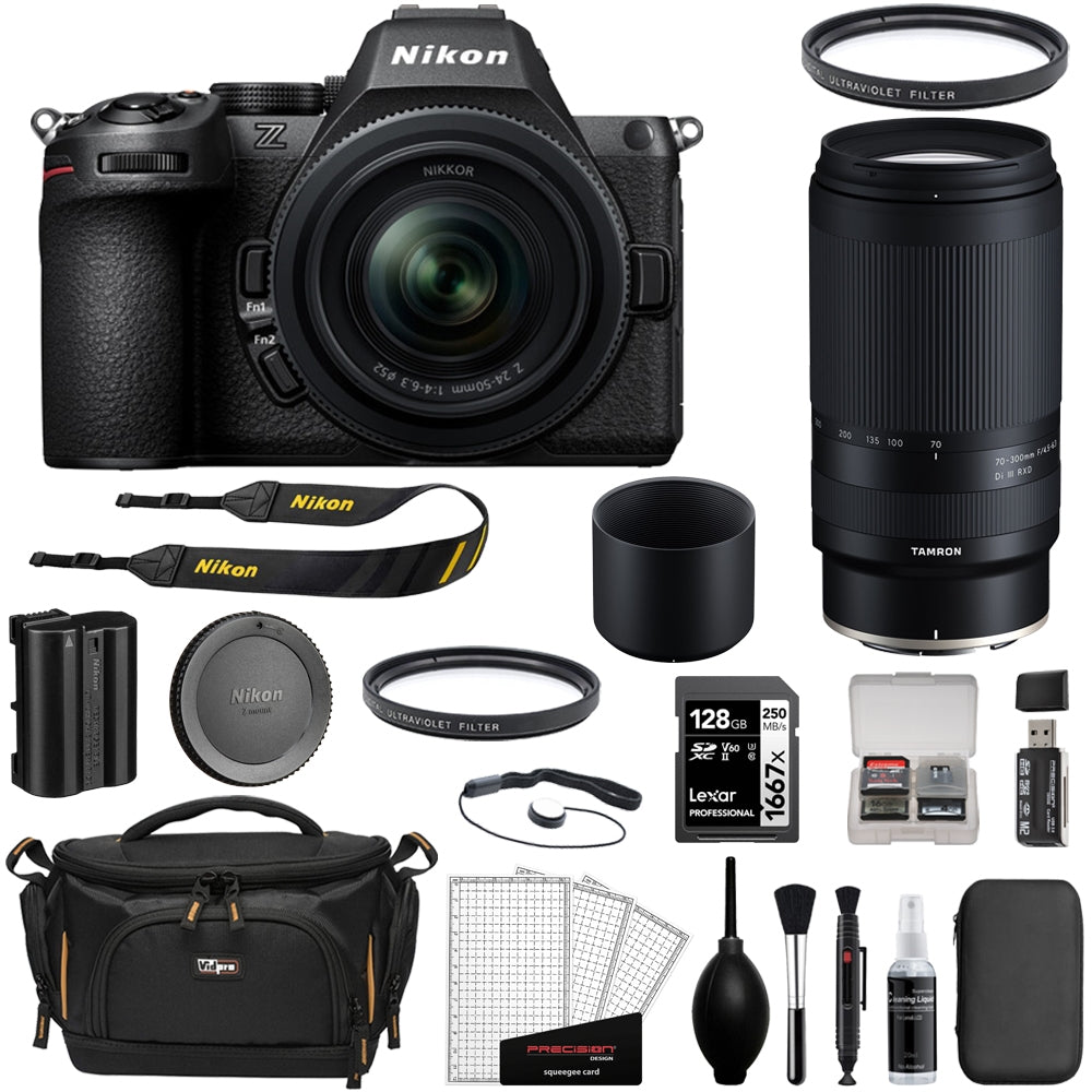 Nikon Z5 II Mirrorless Camera with 24-50mm f/4-6.3 Lens Bundle with Tamron 70-300mm f/4.5-6.3 Lens + 2 UV Filters + 128GB Card + Card Reader + Lens Cap Keeper + Cleaning Kit + Camera Bag (12 Items)