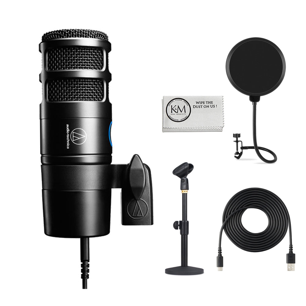 Audio-Technica AT2040USB Hypercardioid Dynamic USB Podcast Microphone Bundled with Pop Filter + Mic Desktop Stand + Cleaning Cloth (4 Items)