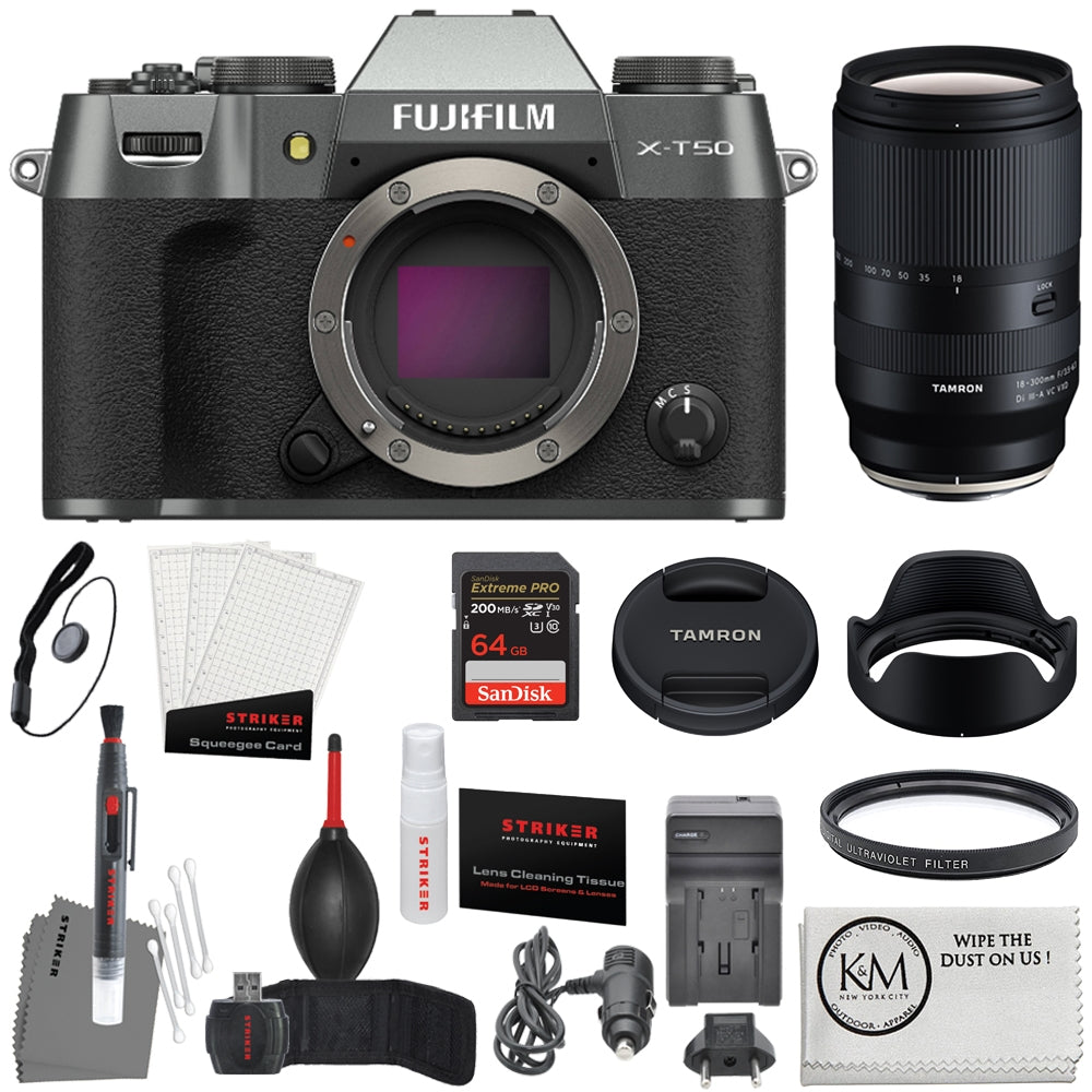 Fujifilm X-T50 Mirrorless Camera | Charcoal Silver Bundle with Tamron 18-300mm f/3.5-6.3 Di III-A VC VXD Lens + 64GB SD Card + UV Filter + Charger + Photo Starter Kit + Cleaning Cloth (7 Items)