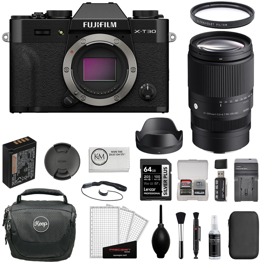 FUJIFILM X-T30 III Mirrorless Camera (Black) Bundle with Sigma 16-300mm f/3.5-6.7 DC OS Contemporary Lens + 64GB Card + Camera Bag + Battery Charger + Card Reader + Cleaning Kit (12 Items)