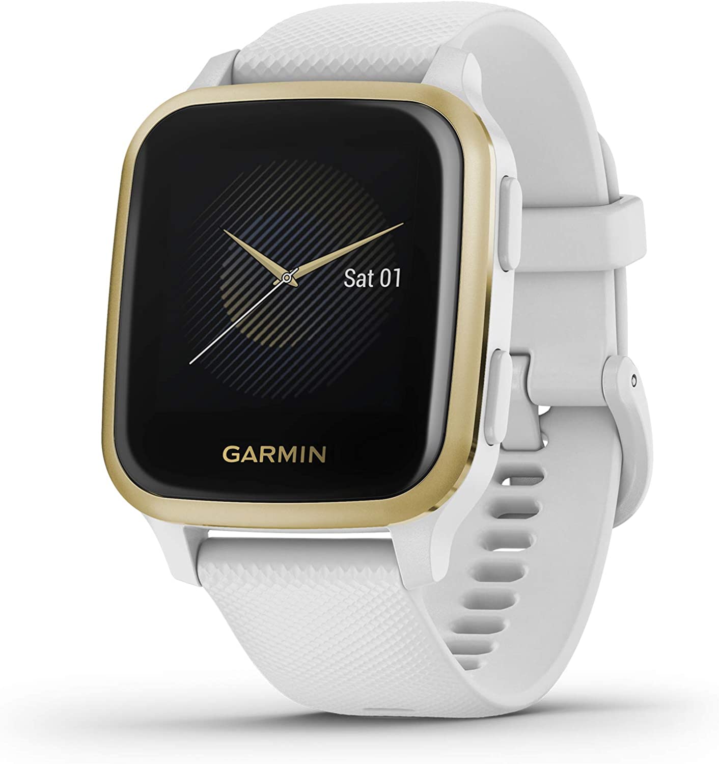 Garmin Venu Sq GPS Smartwatch | Light Gold Aluminum Bezel, White Case, & Silicone Band  **OPEN BOX**