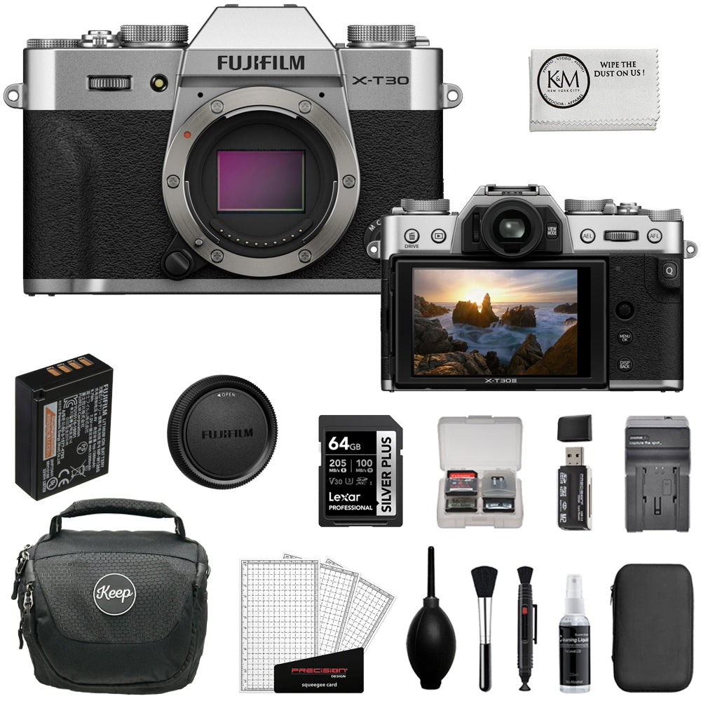 FUJIFILM X-T30 III Mirrorless Camera (Silver) Bundle with 64GB Memory Card + Battery Charger + Camera Bag + Battery Charger + Card Reader + Screen Protector + Cleaning Kit (9 Items)