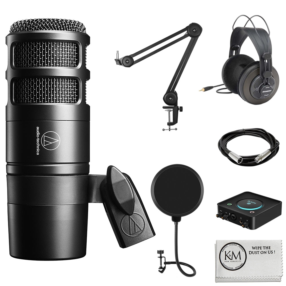 Audio-Technica AT2040 Hypercardioid Dynamic Podcast Microphone Bundle with Studio Headphones + XLR Cable + Pop Filter + Icon Pro Audio USolo Recording Interface + Mic Arm + Cleaning Cloth (7 Items)