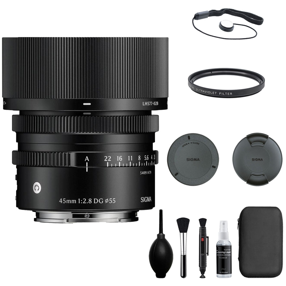 Sigma 45mm f/2.8 DG Contemporary Lens Compatible with E Mount (Full Frame) Bundle with 55mm UV Filter + Lens Cap Keeper + Deluxe Cleaning Kit + Cleaning Cloth (5 Items)