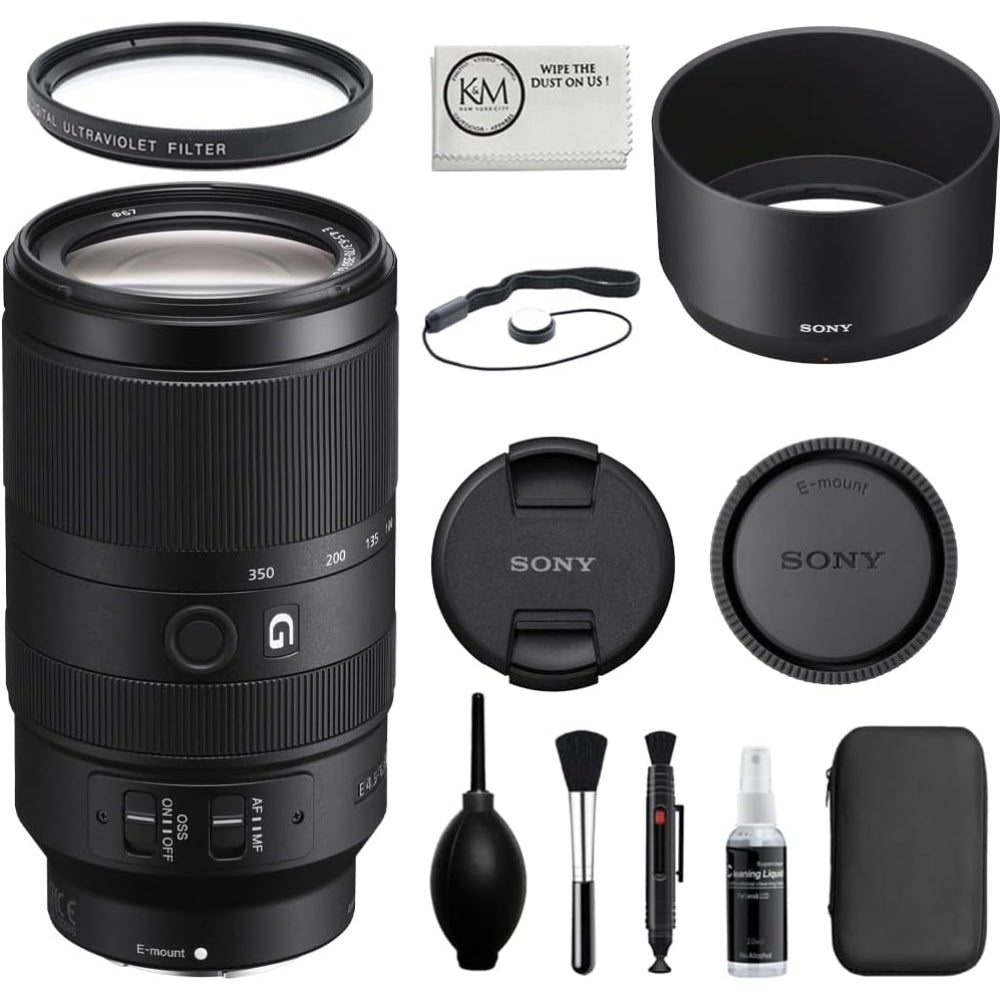 Sony E 70-350mm f/4.5-6.3 G OSS Lens Compatible with Sony E Mount Bundled with 67mm UV Filter + Lens Cap Keeper + Deluxe Cleaning Kit - Blower, Lens Pen, Brush & Case + Microfiber Cleaning Cloth (5 Items)