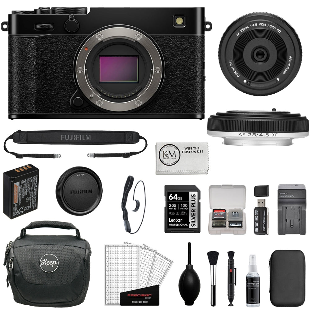 FUJIFILM X-E5 Mirrorless Camera (Black) Bundle with Viltrox AF 28mm f/4.5 XF Lens + 64GB Memory Card + Memory Card Case + Battery Charger + Camera Bag + Cleaning Kit (11 Items)