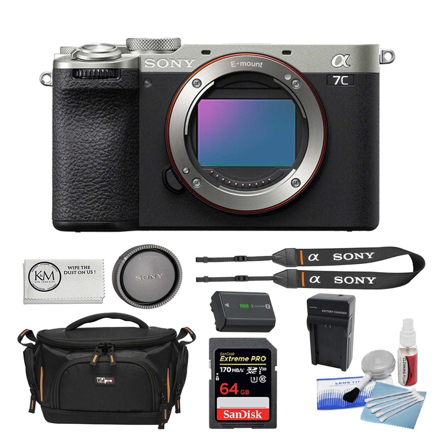Sony a7C II Mirrorless Camera | Silver Bundle with 64GB Memory Card + 5-Piece Camera Cleaning Kit + Battery Charger + Cloth + Camera Case (6 Items)