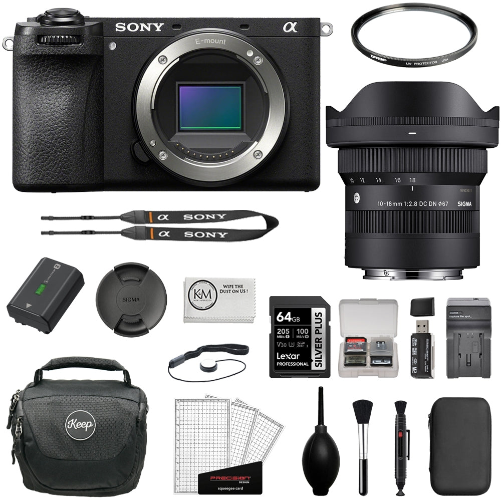 Sony a6700 Mirrorless Camera Bundle with Sigma 10-18mm f/2.8 DC DN Contemporary Lens + 64GB Card + UV Filter + Cleaning Kit + Camera Shoulder Bag (12 Items)