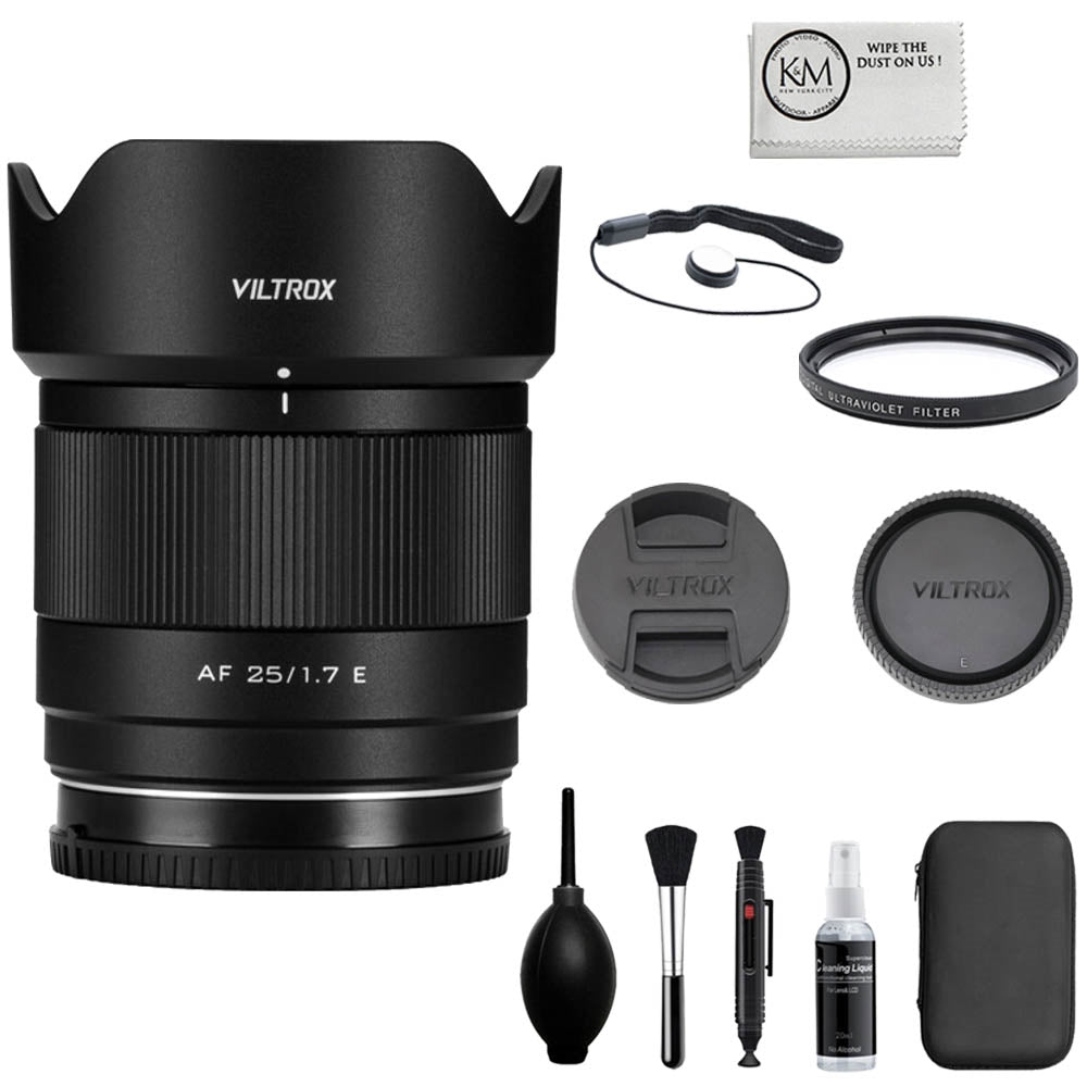 Viltrox AF 25mm f/1.7 Air E Lens Compatible with Sony E Mount Bundle with UV Filter + Lens Cap Keeper + Cleaning Kit + Cleaning Cloth (5 Items)