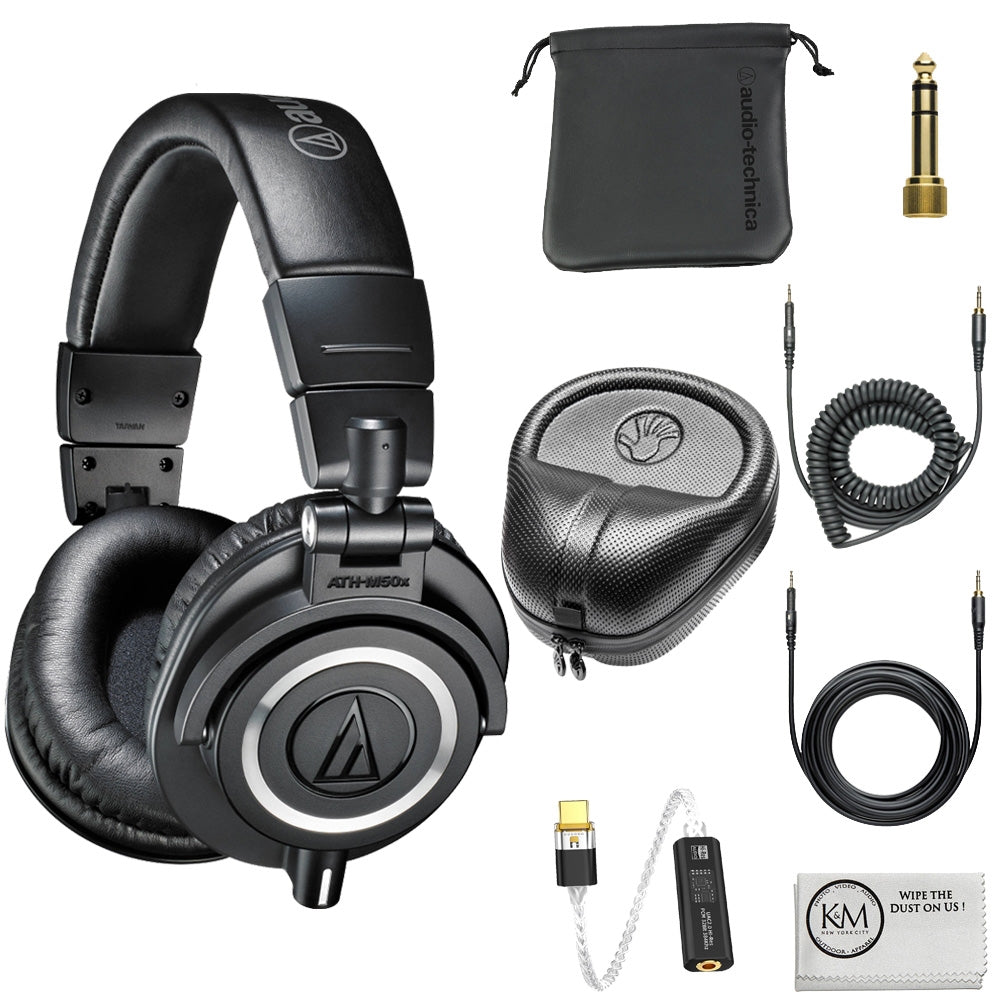 Audio-Technica ATH-M50x Closed-Back Monitor Headphones (Black) Bundled with Black USB-C Headphone Adapter w/ Built-In DAC + Full-Sized Headphone Case + Cloth