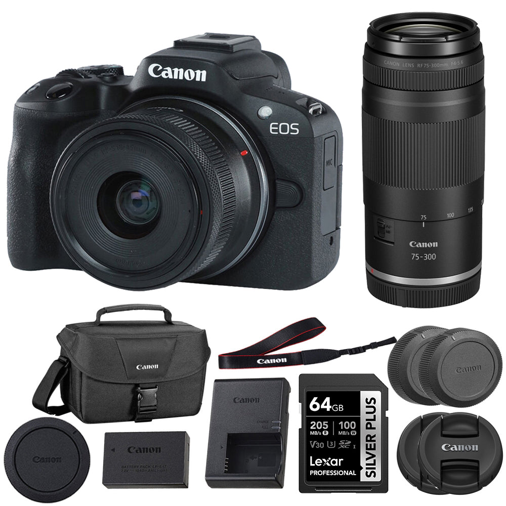 Canon EOS R50 Mirrorless Camera with 18-45mm and 75-300mm Lens (Black) Bundle with 64GB Memory Card + Canon 200ES EOS Shoulder Bag (4 Items)