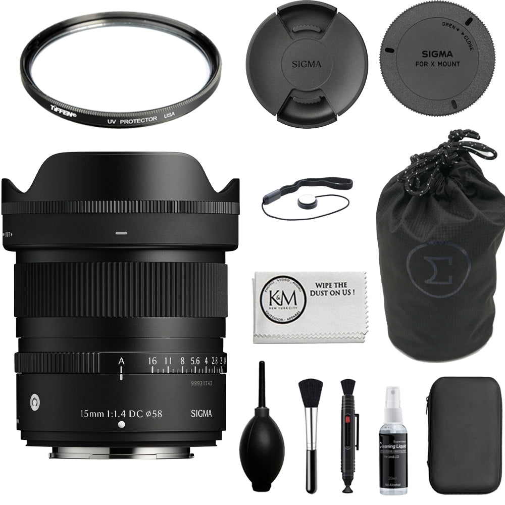 Sigma 15mm f/1.4 DC Contemporary Lens Compatible with FUJIFILM X Mount (APS-C) Bundle with 58mm UV Filter + Lens Cap Keeper + Cleaning Kit (5 Items)