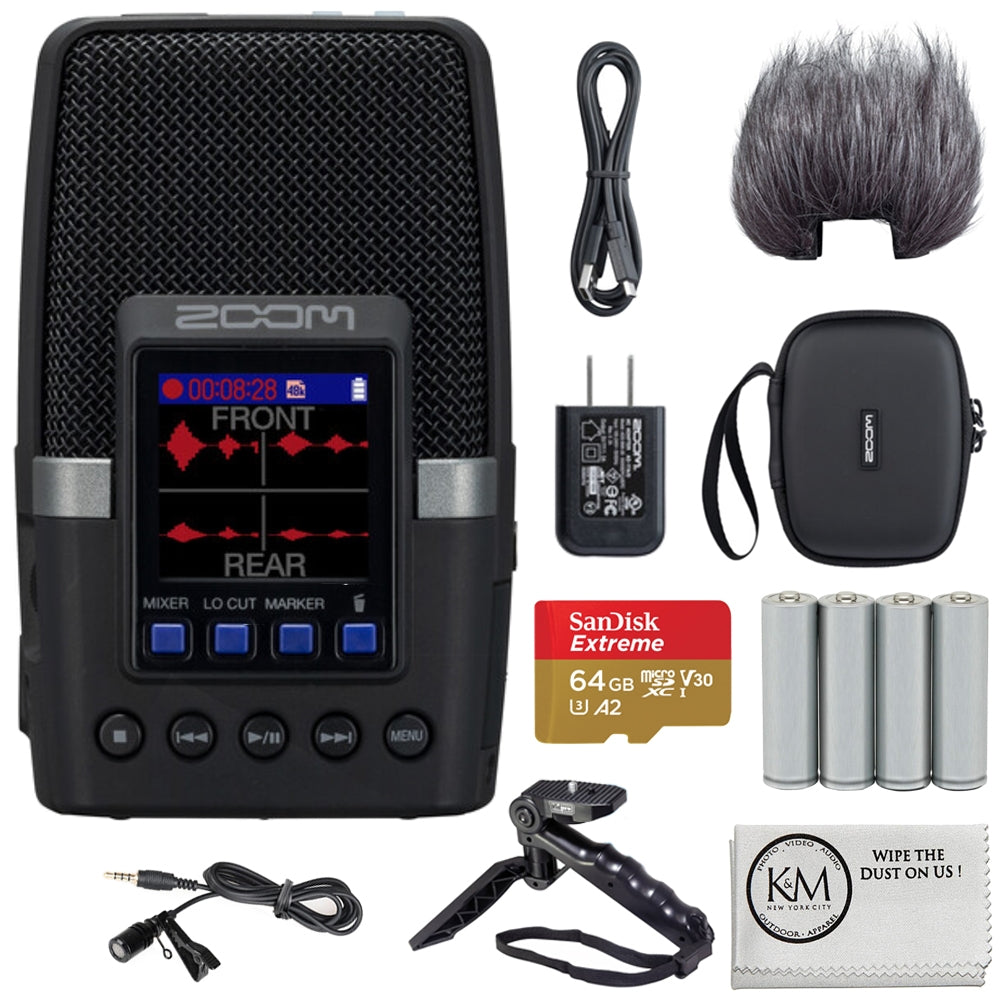 Zoom H2essential Multi-Mic 32-Bit Float Handy Recorder Bundle with APH-2e Accessory Pack + 64GB Micro-SD + Lavalier Microphone + Grip Tripod + 4 Pack AA Batteries + Cleaning Cloth (7 Items)