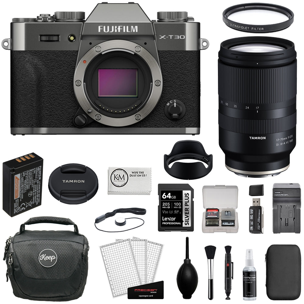 FUJIFILM X-T30 III Mirrorless Digital Camera (Charcoal) Bundle with Tamron 17-70mm f/2.8 Di III-A VC RXD Lens + 64GB Card + Card Reader + UV Filter + Charger + Camera Bag + Cleaning Kit (12 Items)